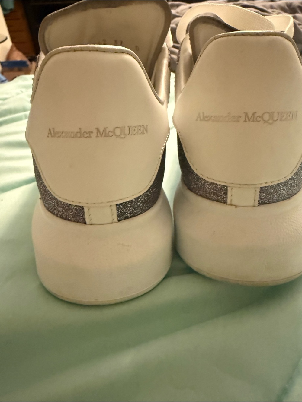 Alexander McQueen White Sneakers with Silver Glitter Heel Trim